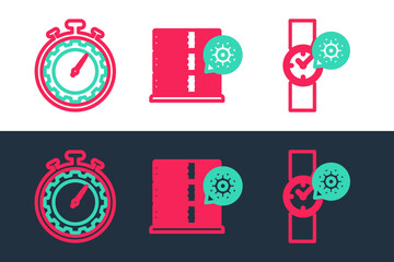 Poster - Set line Wrist watch setting, Time management and Server icon. Vector