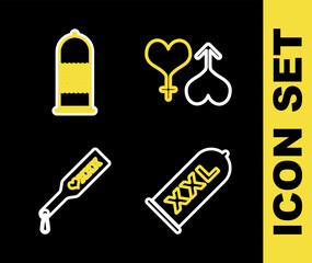 Canvas Print - Set line Male and female heart, Condom safe sex, Spanking paddle and icon. Vector