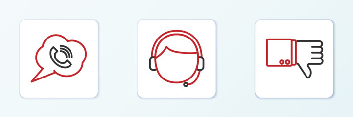 Poster - set line dislike, speech bubble with phone call and man headset icon. vector