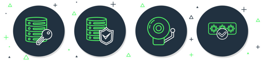 Sticker - Set line Server with shield, Ringing alarm bell, security key and Password protection icon. Vector