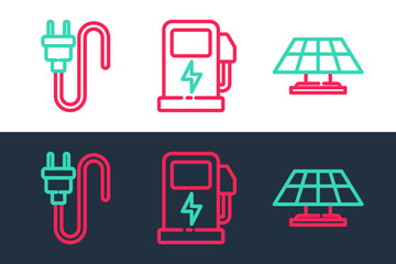 Poster - Set line Solar energy panel, Electric plug and car charging station icon. Vector