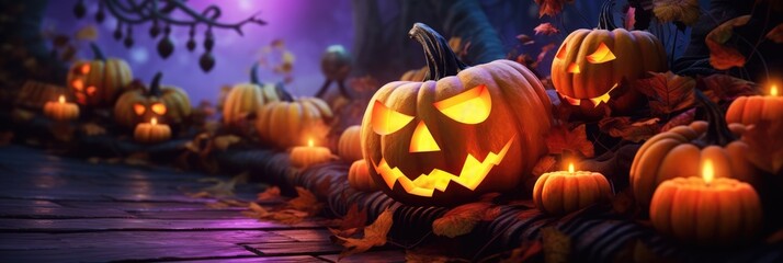 pumpkin orange glows angry face. pumpkin glows in the night for halloween. horizontal banner, web po