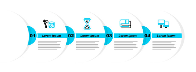 Sticker - Set line Sauna wood bench, Towel stack, hourglass and Wooden axe in stump icon. Vector