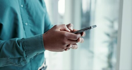 Poster - business person, hands typing and phone in communication, networking and social media or email manag