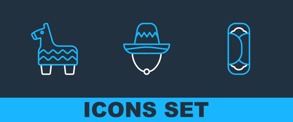 Sticker - Set line Burrito, Pinata and Mexican sombrero icon. Vector