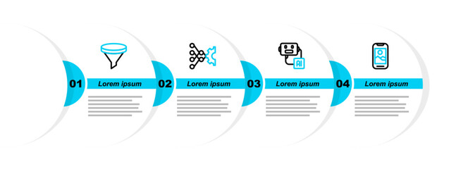 Poster - Set line Mobile phone, Artificial intelligence robot, Neural network and Funnel filter icon. Vector