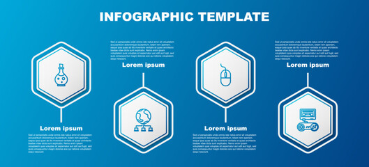 Poster - Set line Bottle with magic elixir, Computer network, mouse and Game console joystick. Business infographic template. Vector