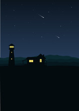 Vector Night Sky With House And Light House Slihouette And Stars