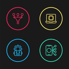 Poster - Set line Robot setting, Neural network, Processor CPU and Funnel filter icon. Vector
