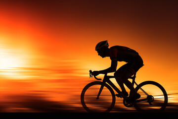 Canvas Print - Cyclist's silhouette captured in full acceleration against a radiant sunset, enhanced by dramatic speed lines conveying rapid movement