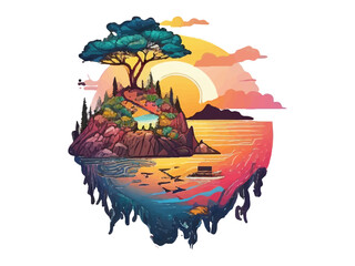 Sticker - Landscape of island with waterfall, with Grove & Tree in sunset PNG Clipart.
