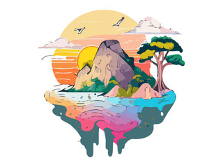 Wall Mural - Landscape of island with waterfall, with Grove & Tree in sunset PNG Clipart.
