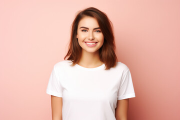 Poster - Young smiling caucasian woman wearing blank white t-shirt isolated on a pink background. AI