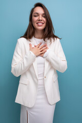 Canvas Print - smiling well-groomed long-haired brunette woman in white dress