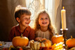 © the_lightwriter - kids celebrate thanksgiving with pumpkin