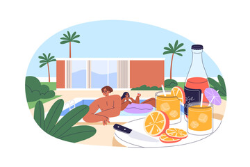 Love couple swimming in pool at villa resort on summer holiday. Happy people relaxing with cold drinks, fruit cocktails on vacation. Flat graphic vector illustration isolated on white background