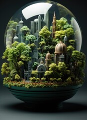 Poster - A city inside a glass globe with trees and buildings. AI