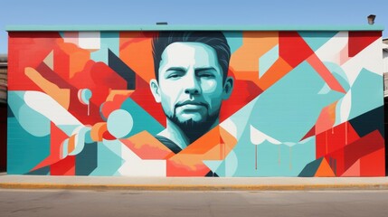 Wall Mural - A mural of a man with a red and blue face. AI