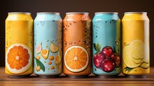 Four Cans Of Soda With Fruit And Water. AI