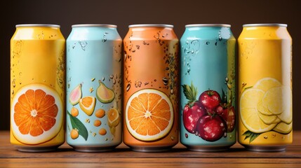 Wall Mural - four cans of soda with fruit and water. ai