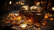 Glowing Treasure in a room with piles of gold. Old open steampunk treasure chest, golden glow