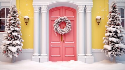 Poster - Porch and front door with beautiful Christmas decor created with Generative AI technology