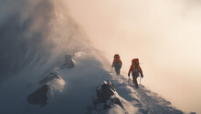 Two Climbers Climbing On A Dangerous Glacier Mountain Alps With Ice And Snow, Background, Wallpaper, Hiking