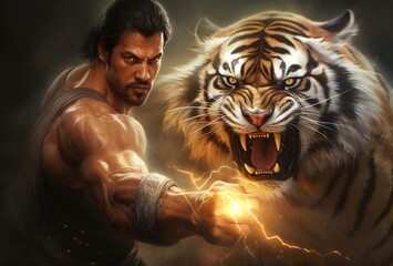 A man with a tiger in front of him. AI