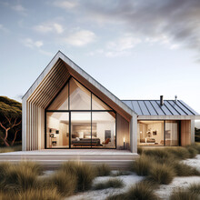 Metal Sheet Gable Roof House With Timber Cladding And Twin Adjoining House With Limestone Walls Timber Joinery Architecturally Realistic Render At New Zealand Sand Dune