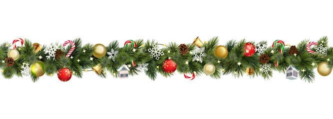 vector christmas branches border with christmas decorations