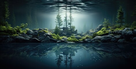 Wall Mural - The underwater forest with trees and rocks. AI