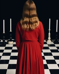 Wall Mural - A woman in a red dress standing in front of a chess board. AI