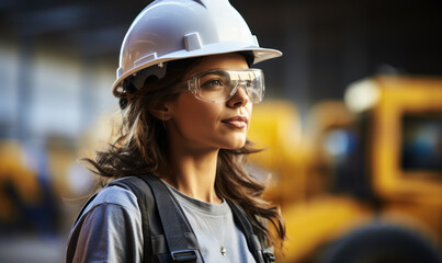 Poster - female engineer working on construction site: a female engineer works on a construction site, using 