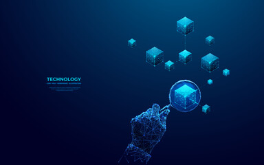 Fototapete - Abstract human hand with magnifying study blockchain icon. Research and analysis of blockchain technology. Futuristic low poly wireframe vector illustration. Modern polygonal style on blue background.