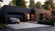 Car near Modern and luxurious garage with driveway and roller door created with Generative AI technology