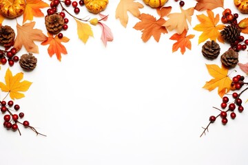 autumn composition. rowan berries, dried leaves, pumpkins, and flowers on white background. autumn, 