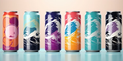 Poster - Six different colored cans of soda with different designs. AI