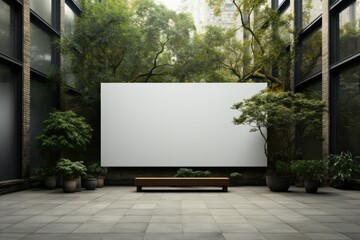 Sticker - A large blank billboard in a courtyard with trees. AI