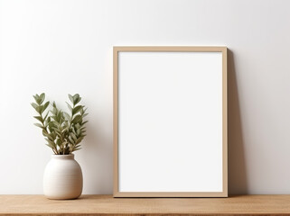 Clean and simple composition with a vertical mockup frame, bordered by a wooden frame, resting against a white wall on a wooden shelf. Beside the frame, there is a white vase holding green foliage