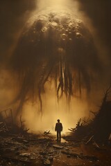 Wall Mural - Man standing in front of giant tree in foggy forest.