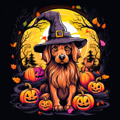 Poster - Dog wearing witches hat sitting in front of pumpkins.