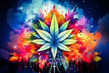 Image Of Colorful Marijuana Leaf On Black Background.