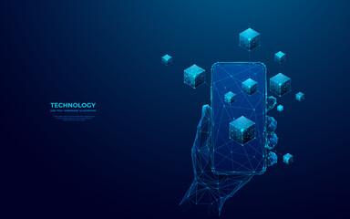 Fototapete - Abstract hand-holding phone with blockchain on an empty screen. Digital linked blocks hologram on modern smartphone. Metaverse or cryptocurrency concept. Low poly wireframe vector illustration.