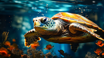 Poster - Turtle swimming in the ocean with other fish around it.