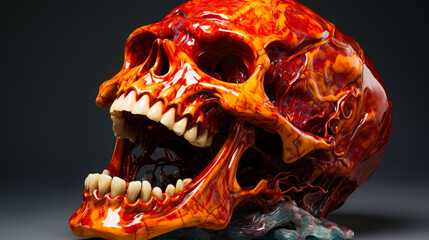 Sticker - Red and orange skull with teeth on black background.