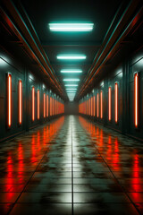 Sticker - Long hallway with red lights on the walls and tiled floor.