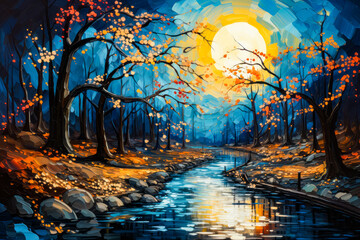 Sticker - Image of river running through forest at night.