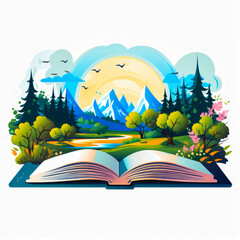 Wall Mural - Open book with landscape and mountains in the background.