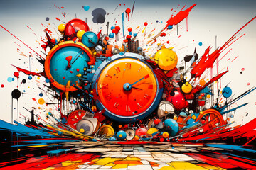 Canvas Print - Large clock surrounded by colorful objects on white background.