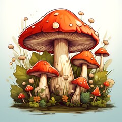 Poster - Group of mushrooms sitting on top of lush green field.